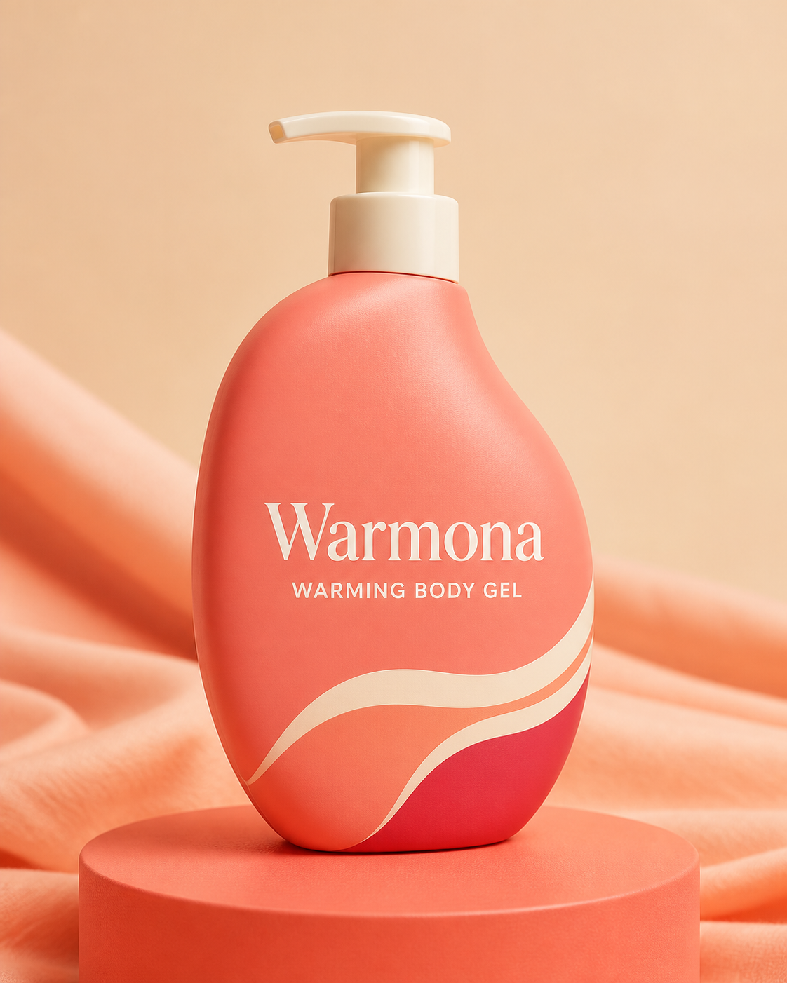 Warmona Pumpflasche in mattem Korallton mit cremefarbener Pumpe, 250 ml w&auml;rmendes K&ouml;rpergel